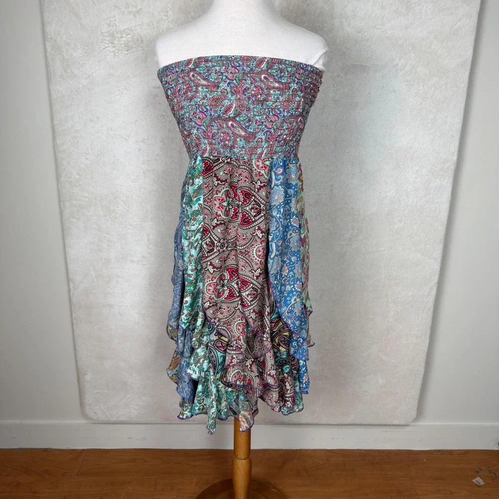 Boho Paisley Patchwork Smocked Convertible Maxi Skirt Tube Dress Blue
